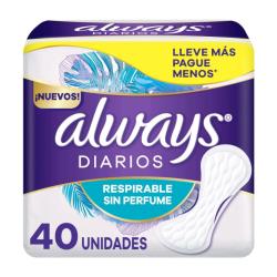 Protectores diarios respirables sin perfume Always 40 U